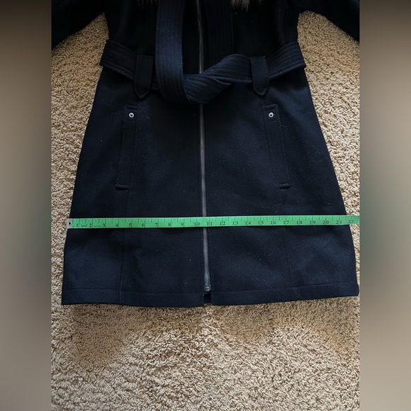 RACHEL Rachel Roy Black Wool Blend Trench Coat with Fur Trim - Picture 9 of 11